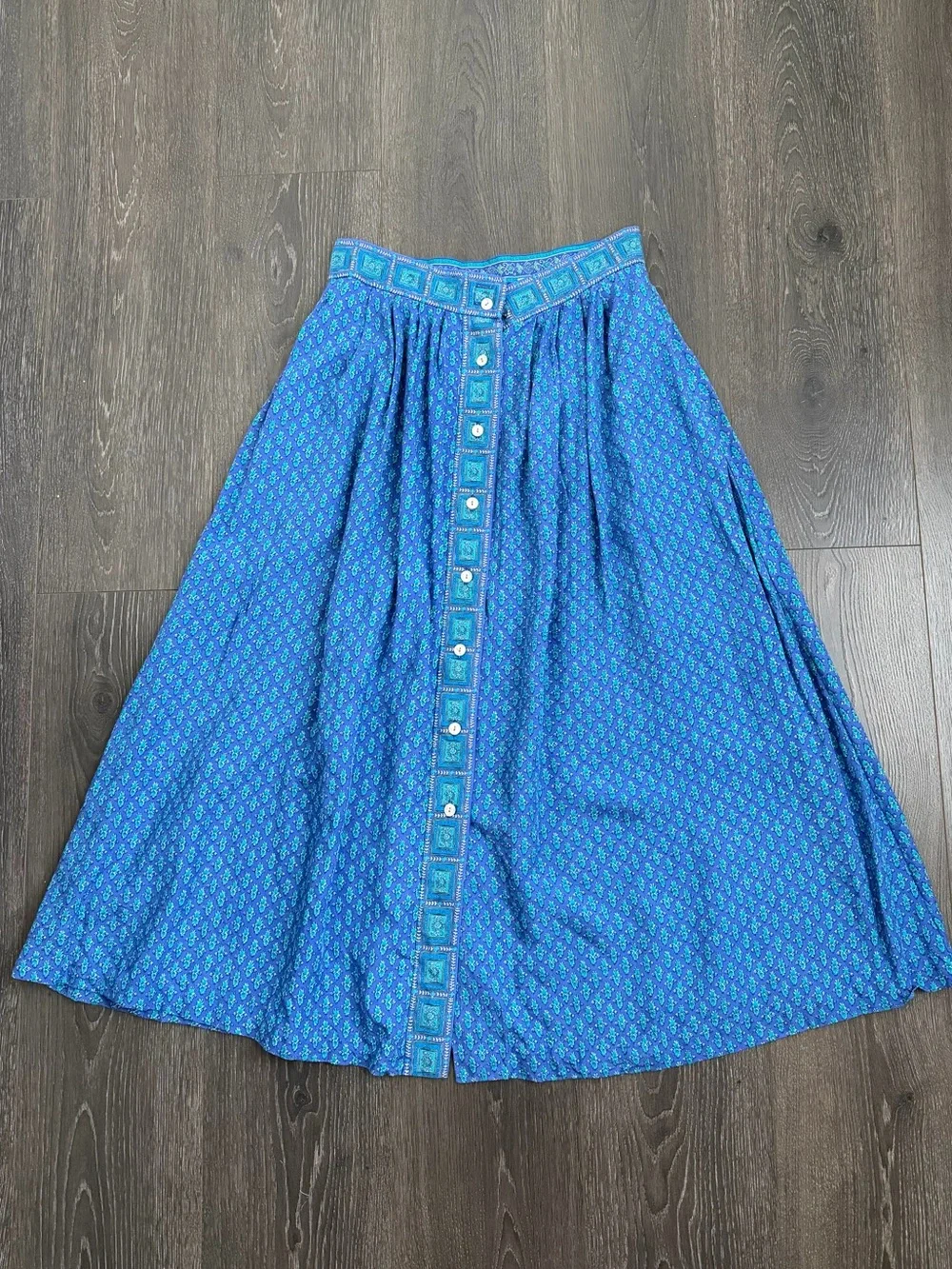 Vintage David Brooks Prairie Mid Blue A-Line Skirt with Contrast Button Front 10 - Picture 2 of 7